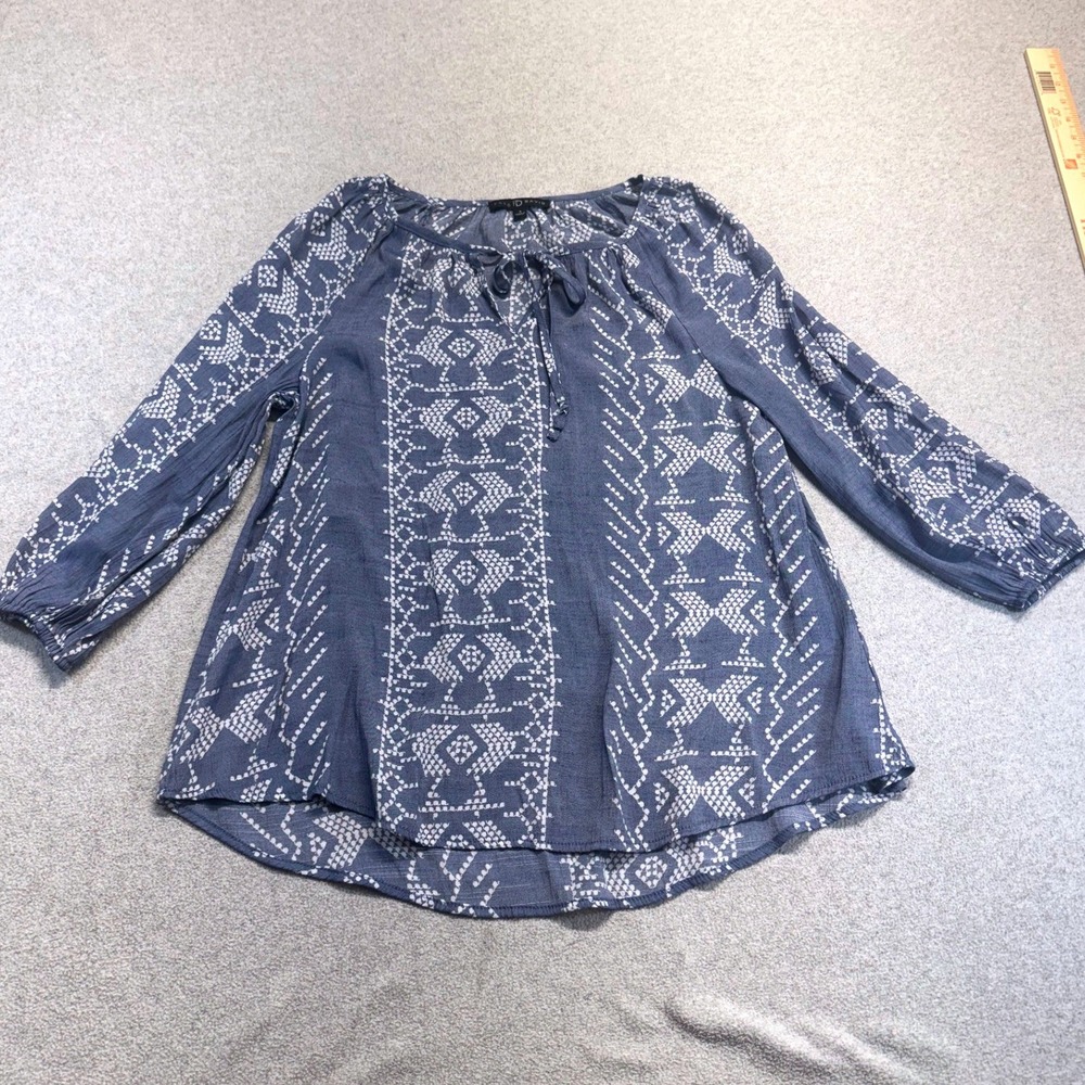 Fred David Blouse Womens Small Blue Tribal Boho Peasant Top Tie Neck 3/4 Sleeve